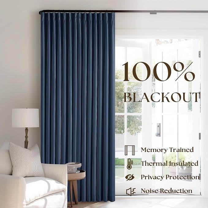 Dark Blue Pinch Pleated 100% Blackout Linen Bedroom Curtains 96 Inch Length | - Image 3