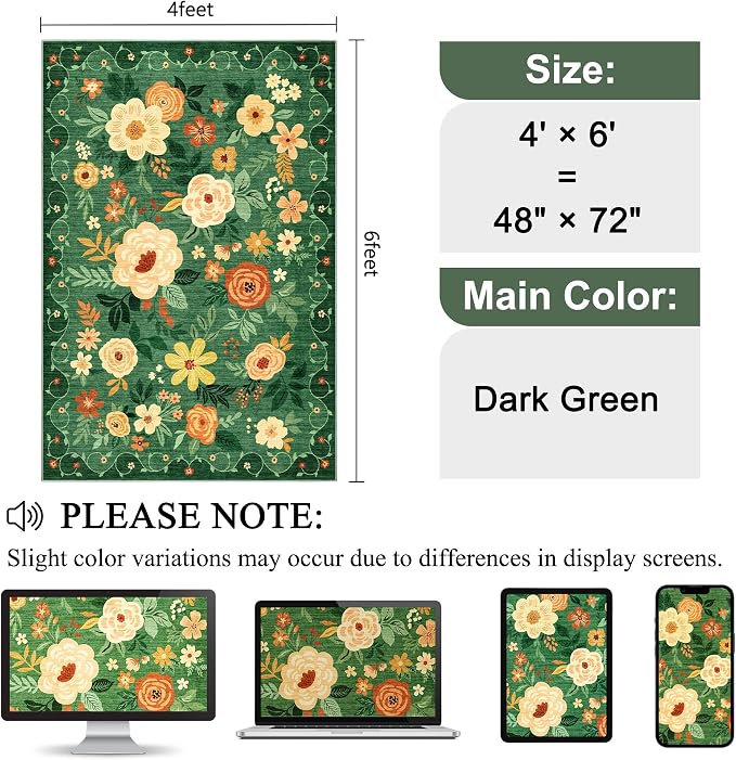 DUKINO 4x6 Area Rug, Floral Washable Office Chair Rug Non Slip, Dark Green | - Image 2