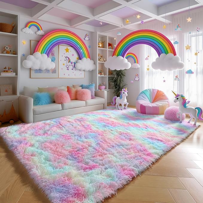 Fluffy Vibrant Rainbow Rugs for Bedroom 5x7 Ft, Colorful Unicorn Girls Rugs | - Image 3