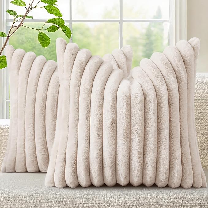 decorUhome Fall Faux Fur Throw Pillow Covers 22x22 Set of 2 Beige | Decorative by decorUhome