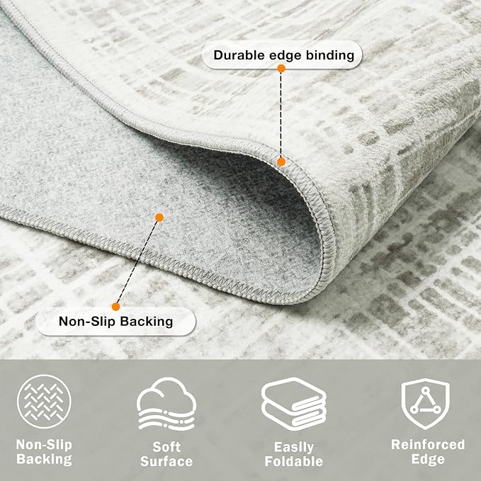 6x9 Washable Area Rug for Living Room Bedroom: Non-Slip Modern White Gray | - Image 4