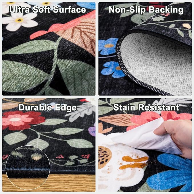 PLHXFR Area Rug Living Room: 3x5 Floral Washable Boho Soft Carpet Black | - Image 7