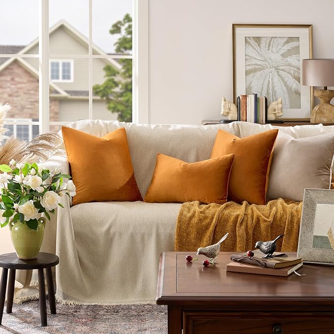 GIGIZAZA Orange Velvet Pillow Covers 24x24 Decorative Pillows Pack of 2 | Throw - Image 2