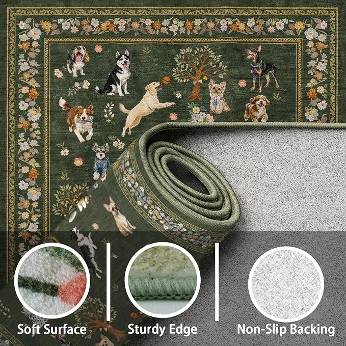 Dark Green Area Rug 5x7 for Living Room Bedroom | Ultra-Thin;Boho Style; Non - Image 8
