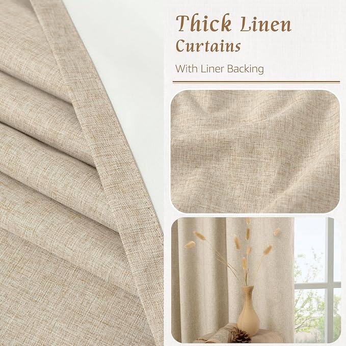 100% Blackout Natural Linen Bedroom Curtains 63 Inches 2 Panels | Thermal - Image 8
