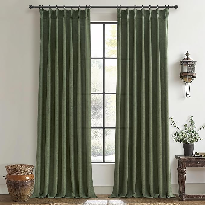 Olive Green Linen Curtains 96 Inches Long 2 Panels Set, Modern Aesthetic Pinch by PleatedDrapes