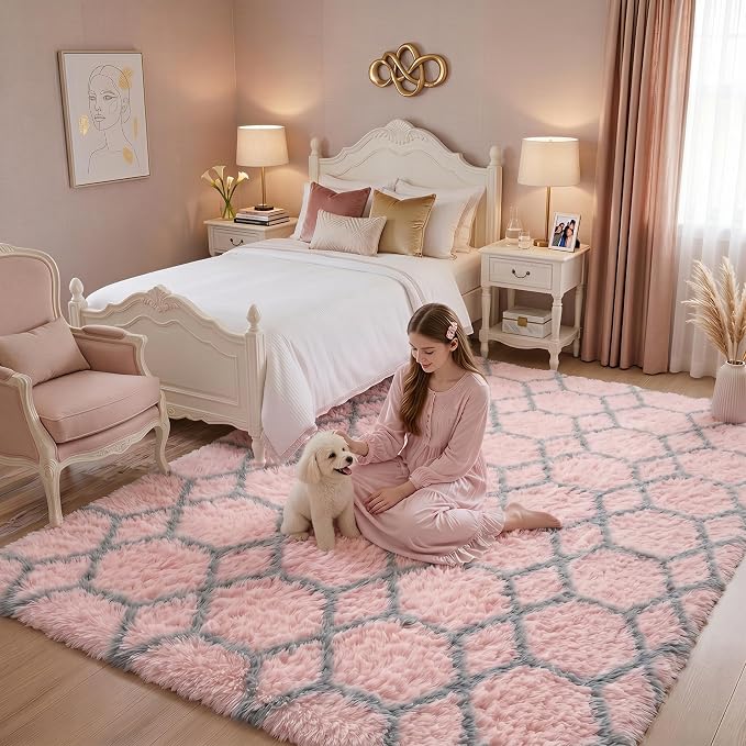 7x9 Area Rugs for Living Room Bedroom, Fluffy Pink and Grey Geometric Rug | - Image 6