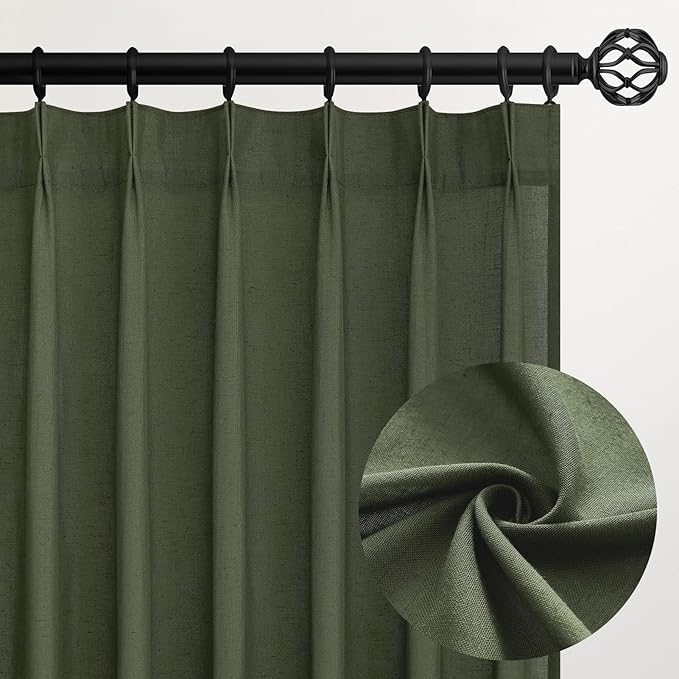 Topfinel Olive Green Pinch Pleated Semi Sheer Curtains Textured Linen Blended by Topfinel