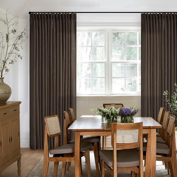 Dark Chocolate 102 Inch Pinch Pleated Semi Sheer Linen Curtains 2 Panels | - Image 6