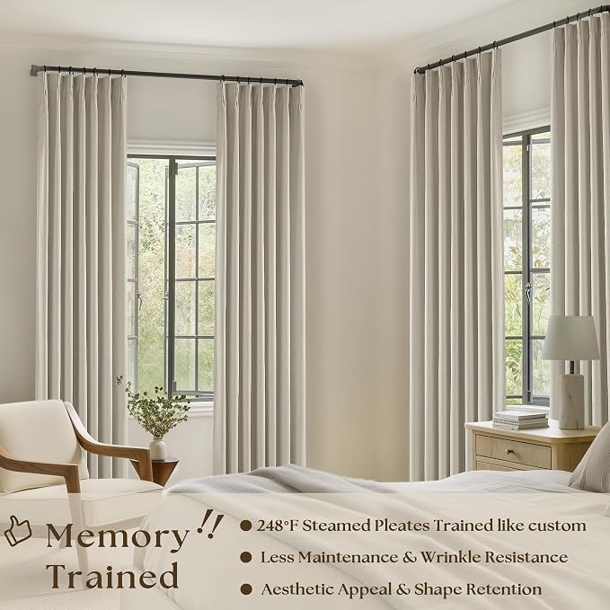 Oatmeal Pinch Pleated Blackout Linen Curtains 108 Inches Long | Black Out - Image 2