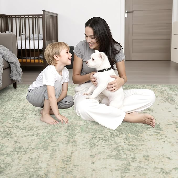Area Rug Living Room: 8x8 Modern Washable Soft Carpet Green Cream | - Image 2