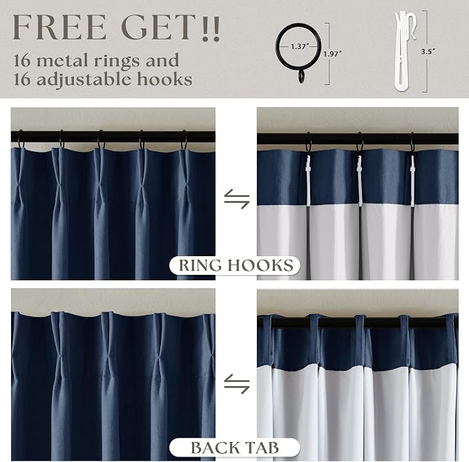 Navy Blue Pinch Pleated Full Blackout Linen 80 Inch Window Curtains | Room - Image 6