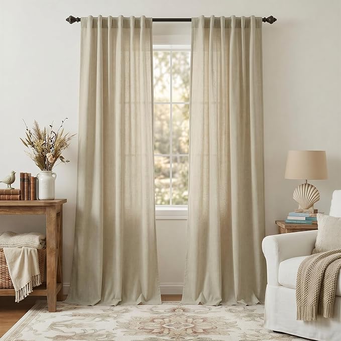 Modern Farmhouse Linen Curtains 80 Inches Long 2 Panel Set Taupe Semi Sheer by Pitalk