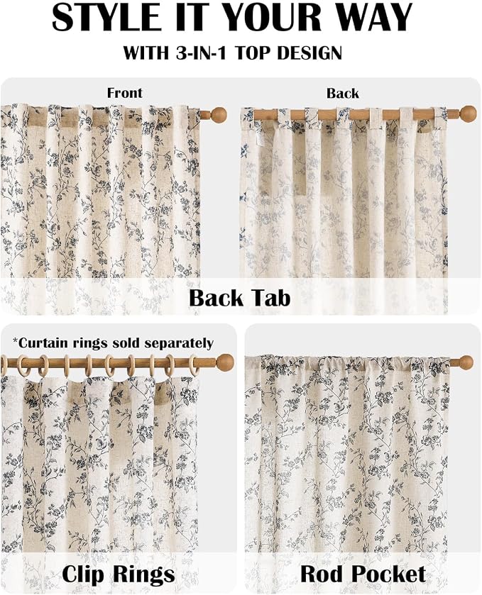 Black Vintage Floral Linen Curtains Farmhouse 50W X 84L 2 Panels | Elisa Series - Image 6