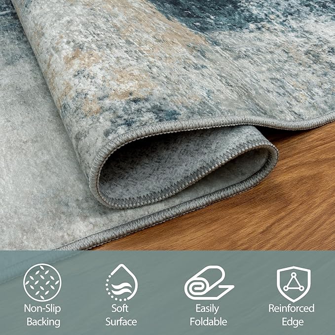 9x12 Area Rugs for Living Room Washable Bedroom Dining Room Teal Grey Gold | - Image 3