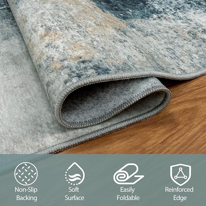 6x9 Area Rugs for Living Room Washable Bedroom Dining Room Teal Grey Gold | - Image 4
