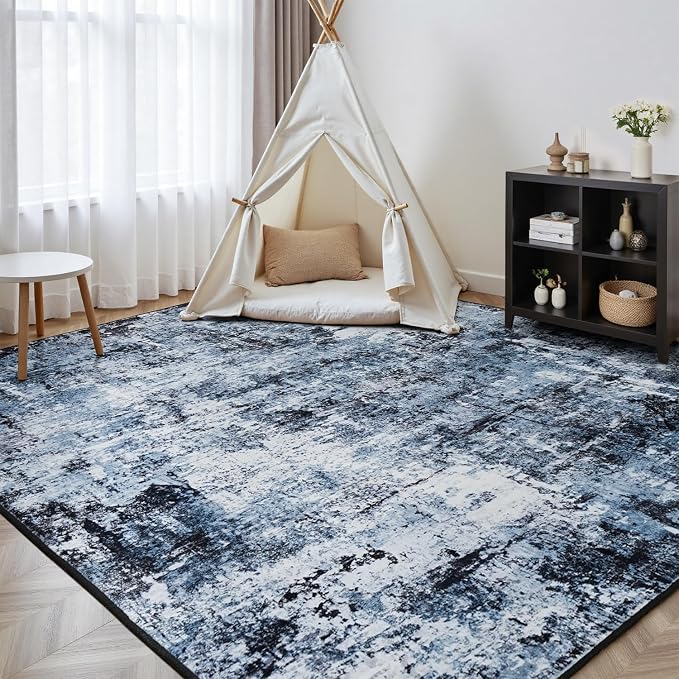 Rugflix 9x12 Area Rugs for Living Room, Washable Navy Blue Dark Large Rug | - Image 8