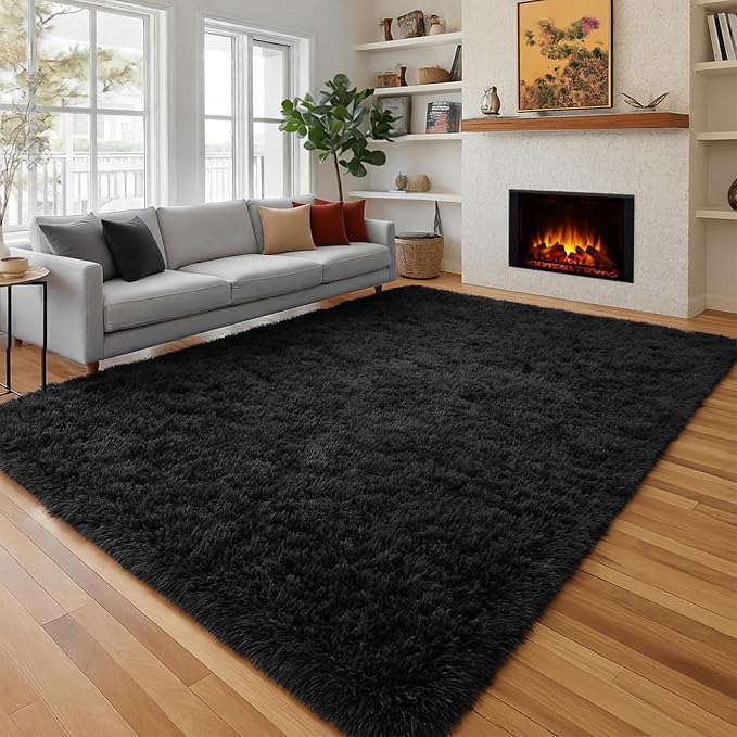 4x6 Ft Fluffy Bedroom Rugs Black Neutral Living Room Area Rug Shaggy Carpet | - Image 6