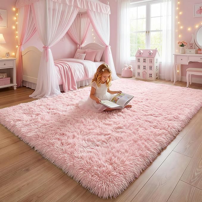 Amdrebio Pink Fluffy Shaggy Kids Area Rug 3x5 - Image 5