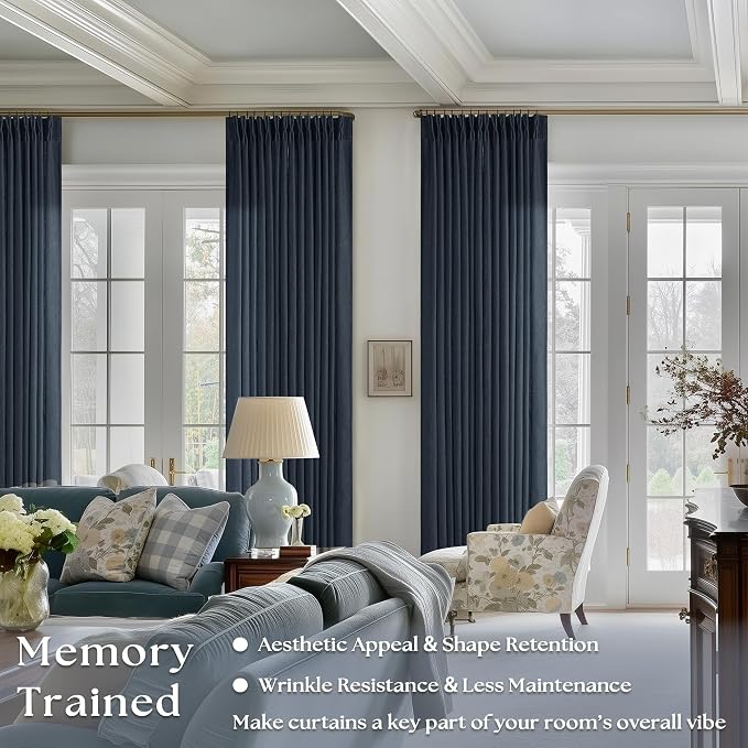 Pinch Pleated Navy Linen Curtains 84 Inches Long 2 Panels Set | Pinch Pleat - Image 2