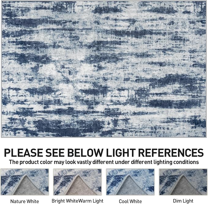 5x7 Area Rugs for Living Room: Washable Abstract Blue Grey Badroom Carpet | - Image 7