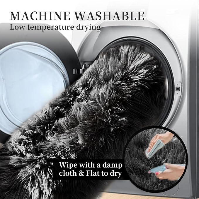 ORINOVA Black Fluffy Faux Sheepskin Washable Fur Area Rugs - Image 5