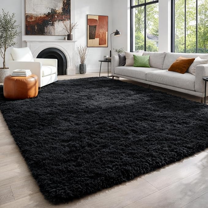 4x6 Ft Fluffy Bedroom Rugs Black Neutral Living Room Area Rug Shaggy Carpet | - Image 3