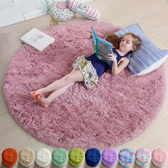 Amdrebio Mauve Pink Big Round Fuzzy Rug 6Ft by Amdrebio