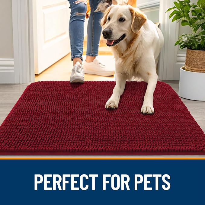 OLANLY Dog Door Mat for Muddy Paws 47x24, Super Absorbent Chenille Mud Mat | Red - Image 6
