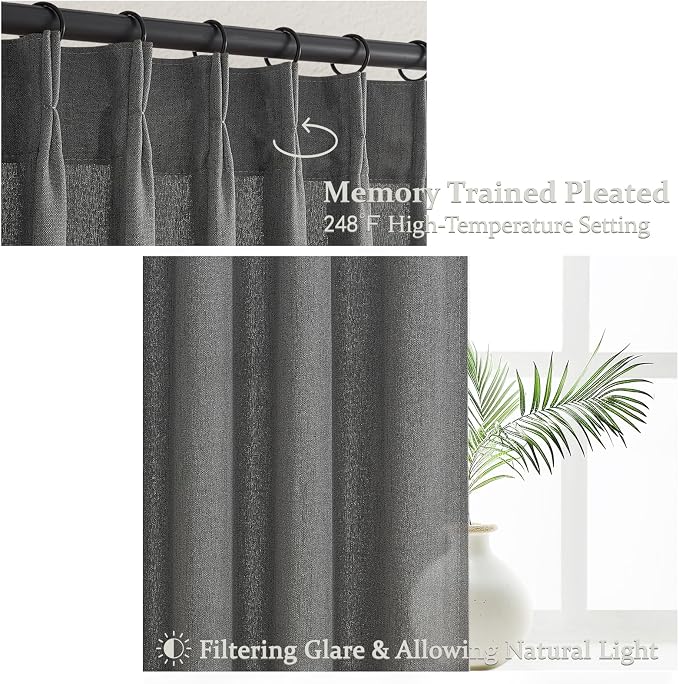 Dark Gray Sheer 90 Inches Long Bedroom Curtains 2 Panels Set, Pinch Pleated - Image 4