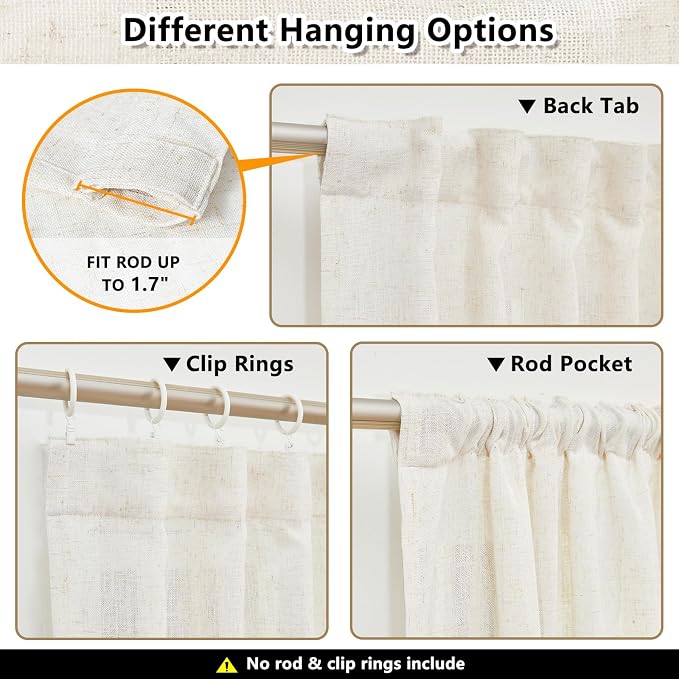 MYSKY HOME Linen Curtains for Sliding Glass Door, Back Tab Semi Sheer Curtain - Image 3