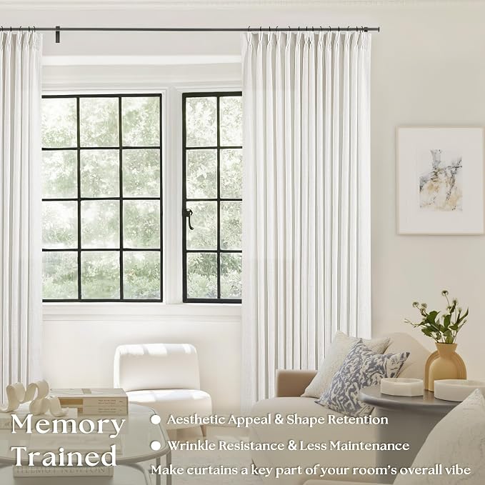 Beige White Pinch Pleated Linen Curtains 94 Inches Long 2 Panels | Memory - Image 4