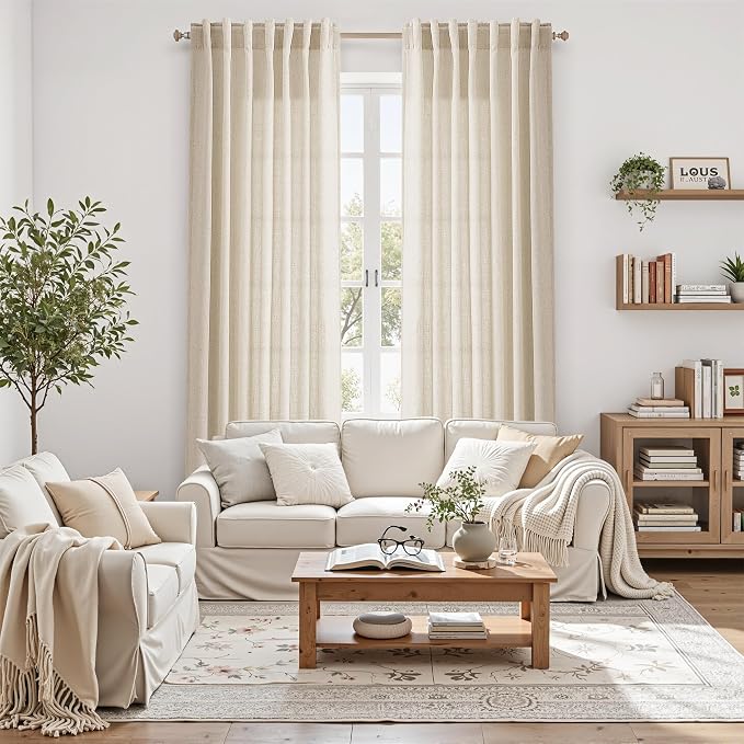 Living Room Curtains 63 Inch Length Linen Cream Beige Luxury Light Filtering - Image 6