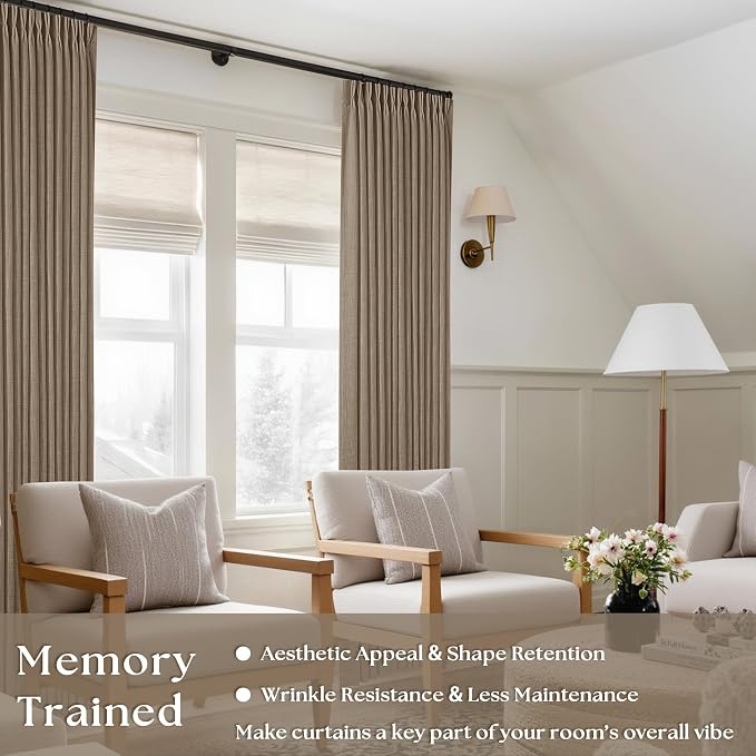 Farmhouse Pinch Pleated Tan Brown Linen Curtains 102 Inches Long | 102 Inch - Image 2