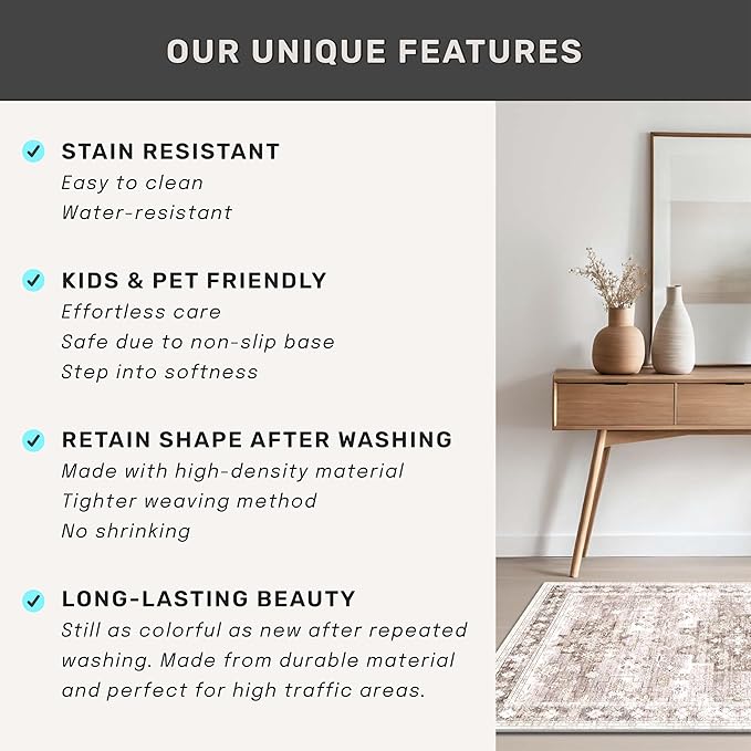 Washable Neutral Farmhouse Living Room Rug, 4x6 Area Rugs - Image 5