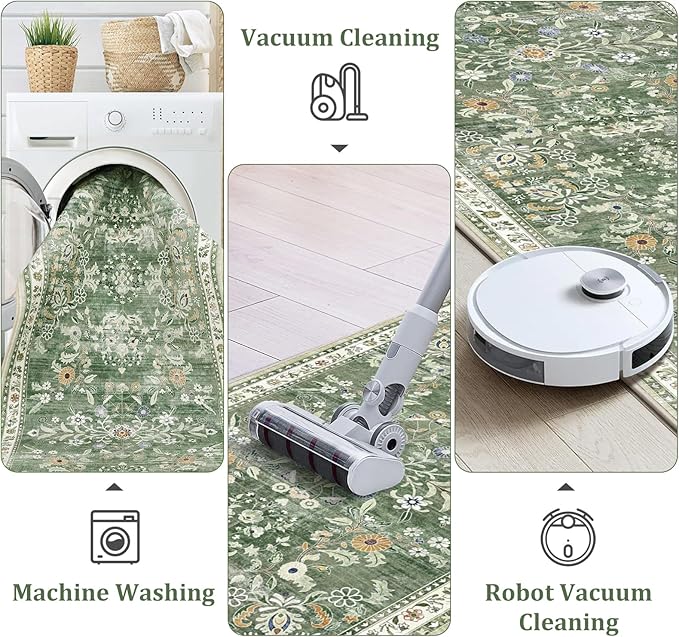 Yamaziot 4x6 Washable Area Rug for Bedroom Floral Carpet Sage Green | Non Slip - Image 4
