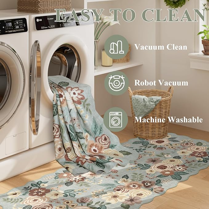 DUKINO 2x4 Rug for Entryway, Floral Washable Kitchen Rugs, Sage Green | Non Slip - Image 8