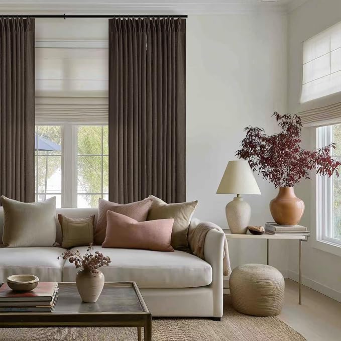 Dark Chocolate 90 Inch Pinch Pleated Semi Sheer Linen Curtains 2 Panels | - Image 6