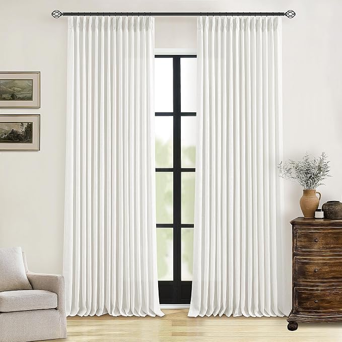 Beige White Pinch Pleated Linen Curtains 2 Panels 108 Inches Long | 400GSM by Twodrapes