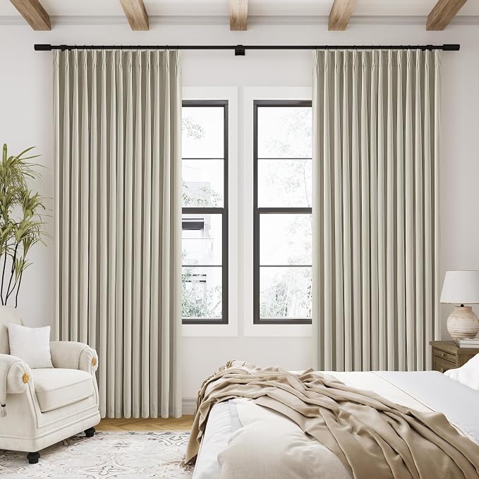 Oatmeal Beige Pinch Pleated 100% Black Out Linen Curtains 84 Inch Length | Room - Image 8