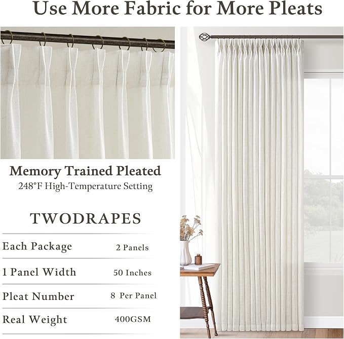 Natural Pinch Pleated Linen Blend Semi Sheer Window Curtains 90 Inches Long | - Image 4