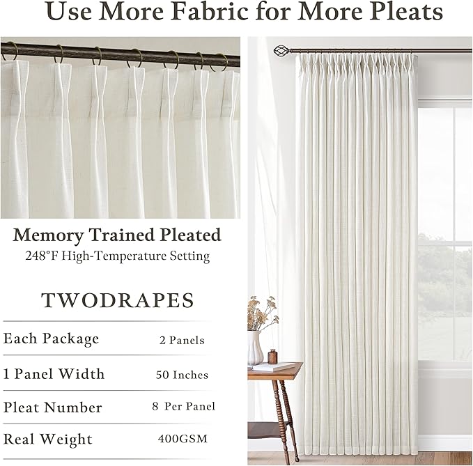 Natural Cream Semi Sheer Pinch Pleat Linen Back Tab Curtains 120 Inch Long | - Image 5