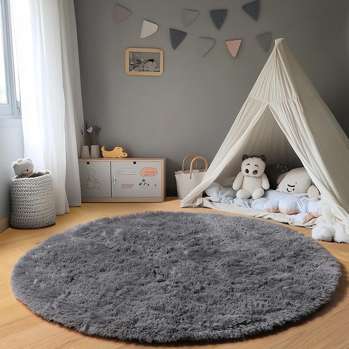 Grey Round Rugs 7ft for Living Room, Fluffy Bedroom Circle Area Rug, Soft Plush - Image 5