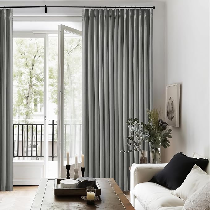 Grey Pinch Pleated 100% Blackout Linen 80 Inch Window Curtains 2 Panels Set | - Image 9