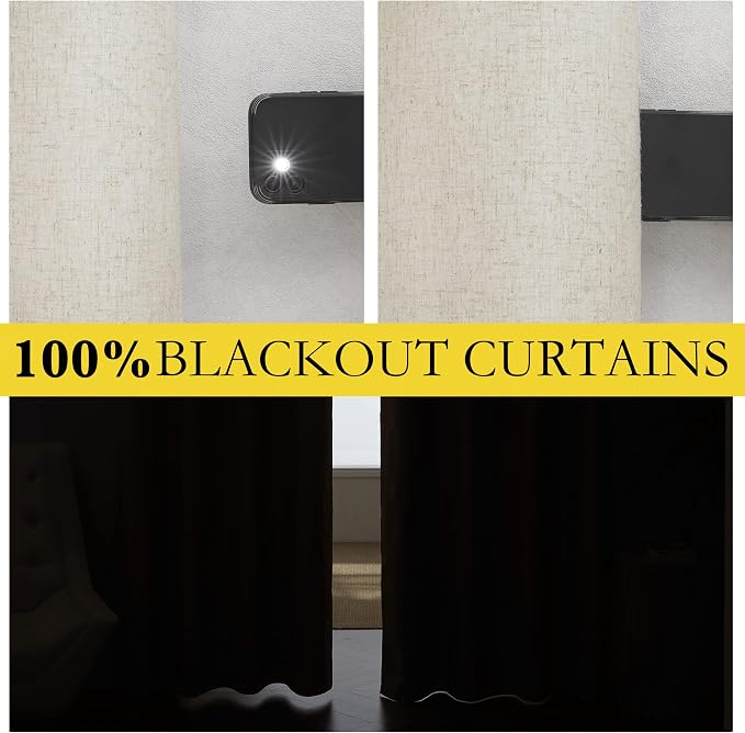 NICETOWN Natural Full Blackout Boho-Chic Linen Curtains 90 inch Long 2 Panels - Image 3