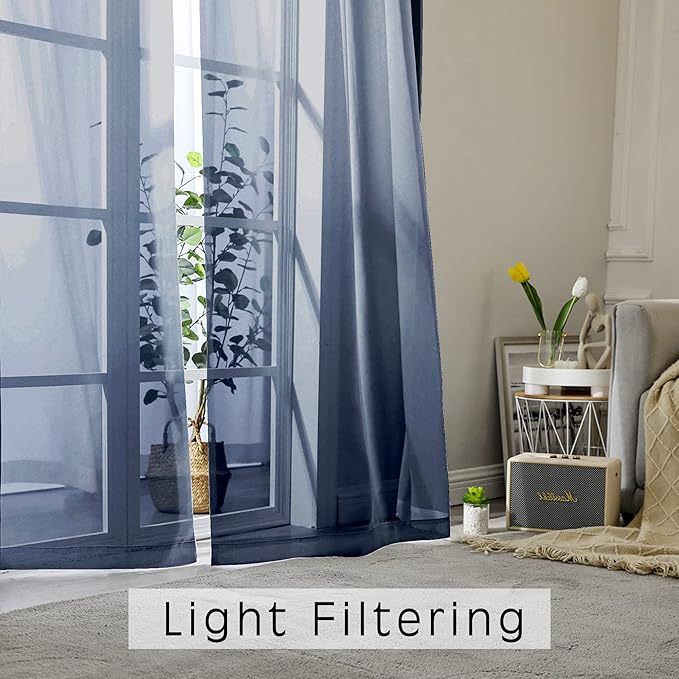 Blue Sheer Curtains, Sheer Curtains 63 inch Length 2 Panels Set, Rod Pocket - Image 2
