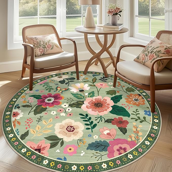 RELEANY Floral Washable Round 6ft Area Rug LightGreen | Flower Carpet Print by RELEANY