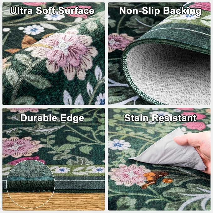 PLHXFR 2.6x10 Washable Runner Rug：Floral Indoor Kitchen Carpet Dark Green | - Image 7