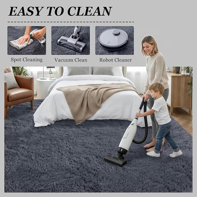 Area Rug Living Room Bedroom: 6x9 Fluffy Plush Shag Carpet Grey | - Image 8