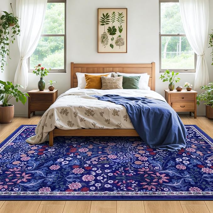 PLHXFR 8x10 Area Rug Living Room: Floral Washable Boho Soft Carpet Blue | - Image 3